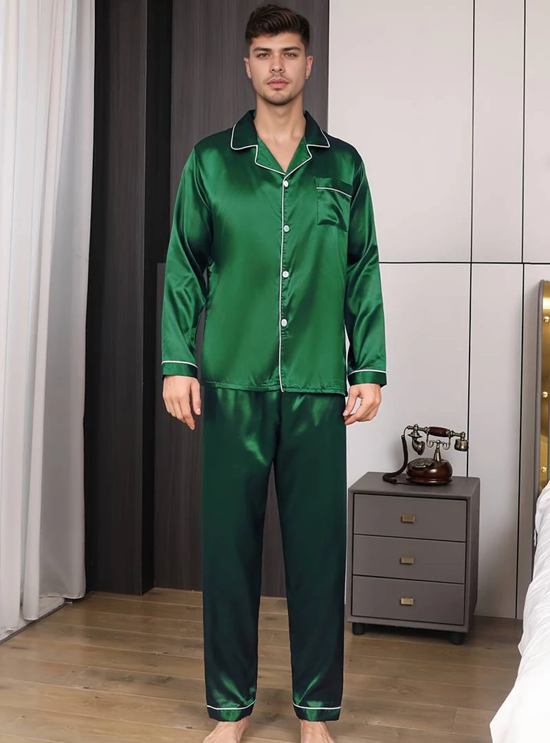 Herren-Pyjama-Set aus Satin, einfarbig, kurzärmelig, Revers-Oberteil und elastische Hose, glatte, glänzende Textur, bequem, entspannt für Loungewear – Detail 12