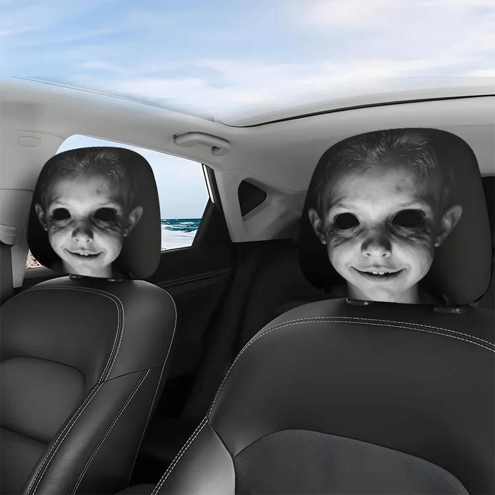 2Pcs Car Headrest Covers Featuring Black Smiley Face Designs Adding A Touch To Your Car Interior Easy To Install
