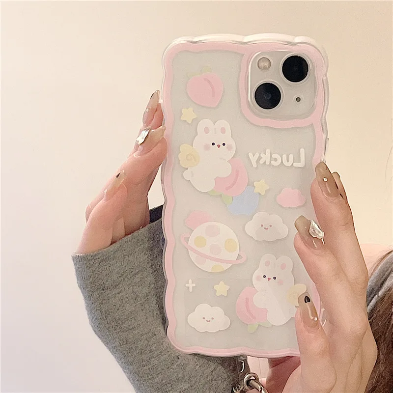 Cute Rabbit Soft Wavy Phone Case For iPhone 11 Case iPhone 14 Pro Max 15 Pro 13 Mini 12 Xsmax X Xr 7 8 14 15 Plus SE 2020 Funda