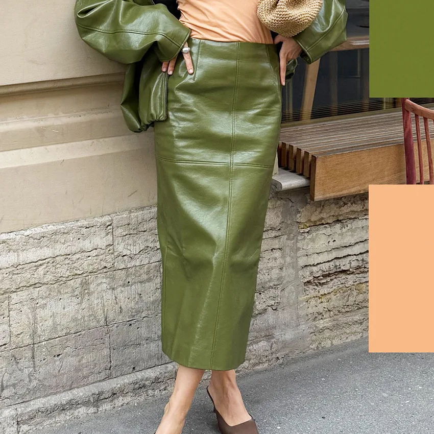 

KELLYTOWN PU Leather Midi Skirt Grass Green Elegant Slit Skirt Street Chic Summer Clothes Casual Slim High Waist Straight Skirts