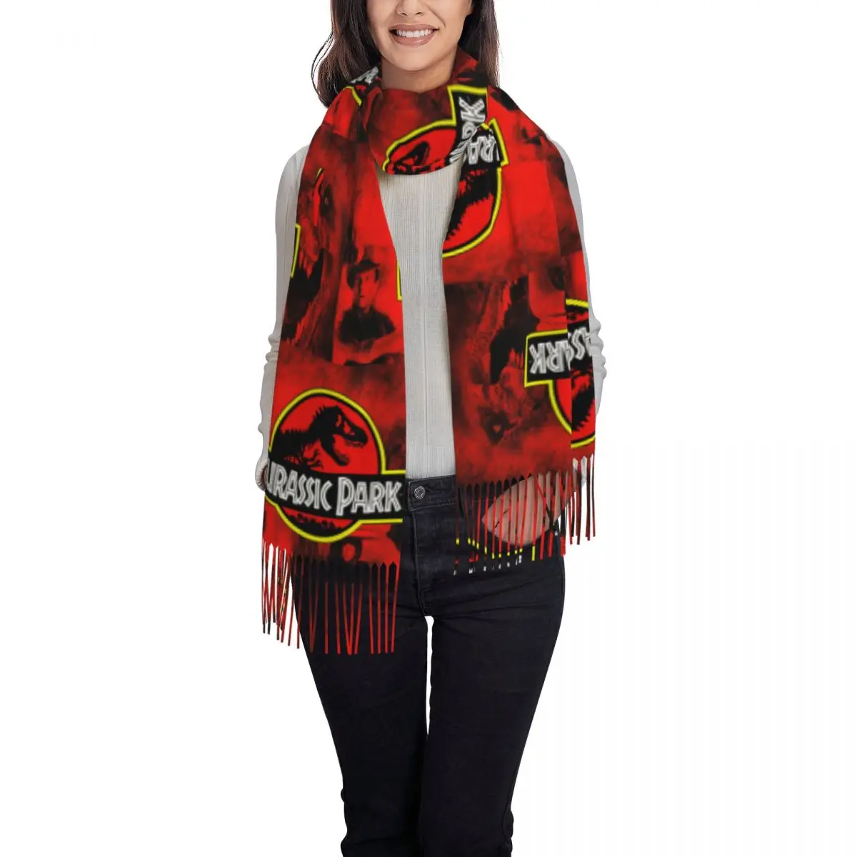 Customized Luxury Jurassic Park Tassel Scarf Women Winter Fall Warm Shawl Wrap Lady Ancient Animal Scarves