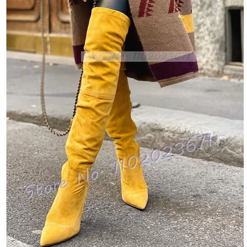 Yellow Suede Splicing Long Boots Women Vintage Streetwear Pointed Toe Over Knee Boots Ladies Green High Heels Sexy Side-zip Shoe