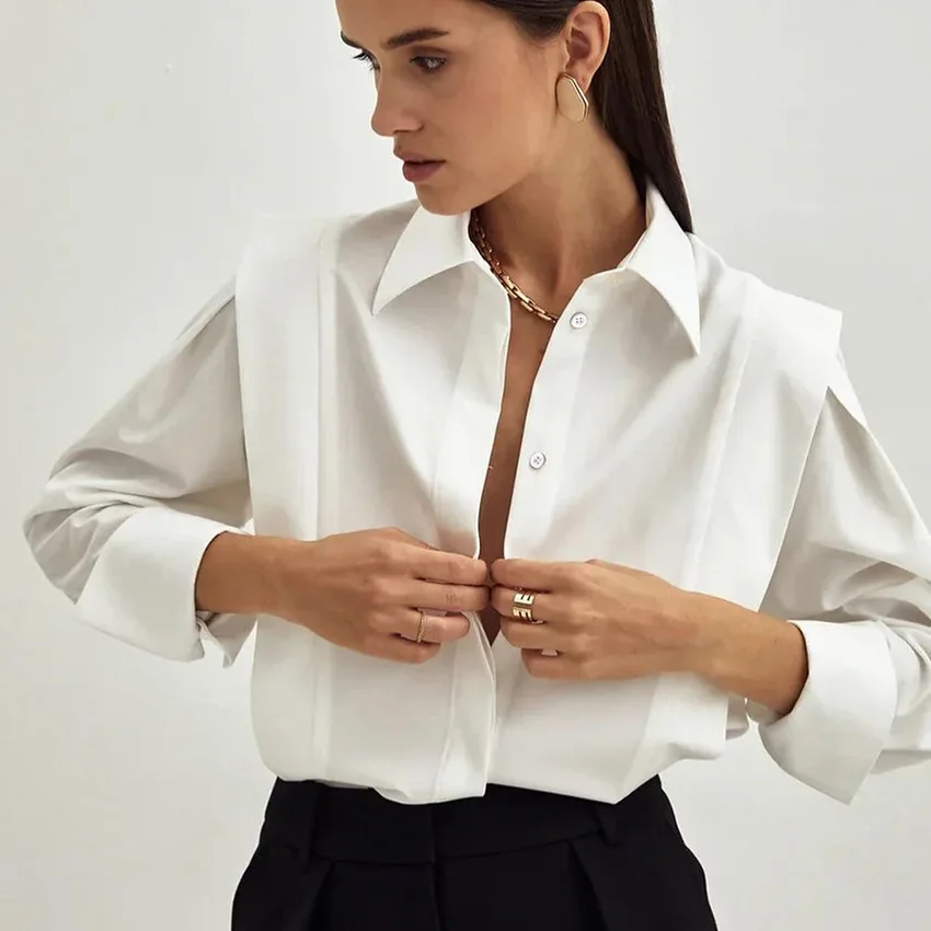 

New White Blouse For Women Cotton Right-angle Shoulder Solid Elegant Office Lady Career Long Sleeve White Shirt French 55901
