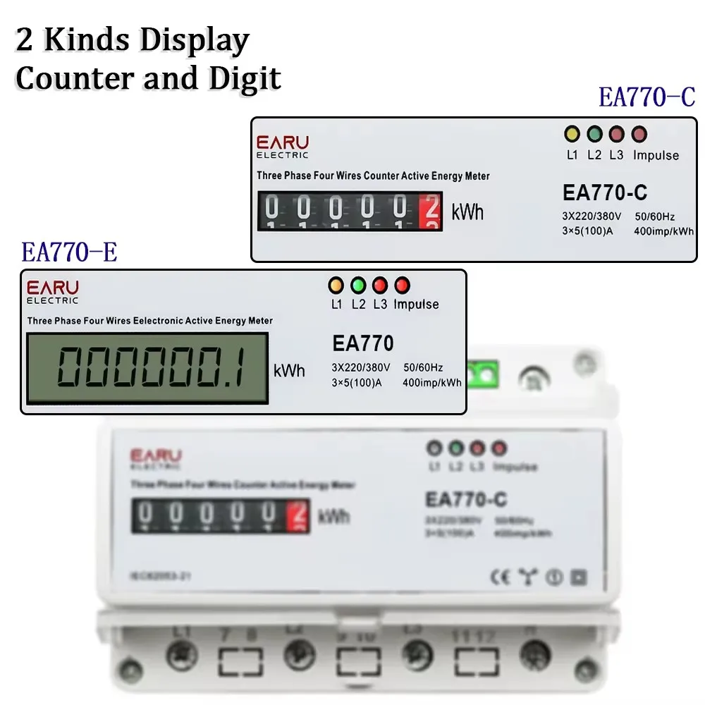 Three Phase Four Wires Din Rail Energy Meter Lcd Display 50/60HZ Electronic Power Comsumption Monitor kWh 3*5(100)A