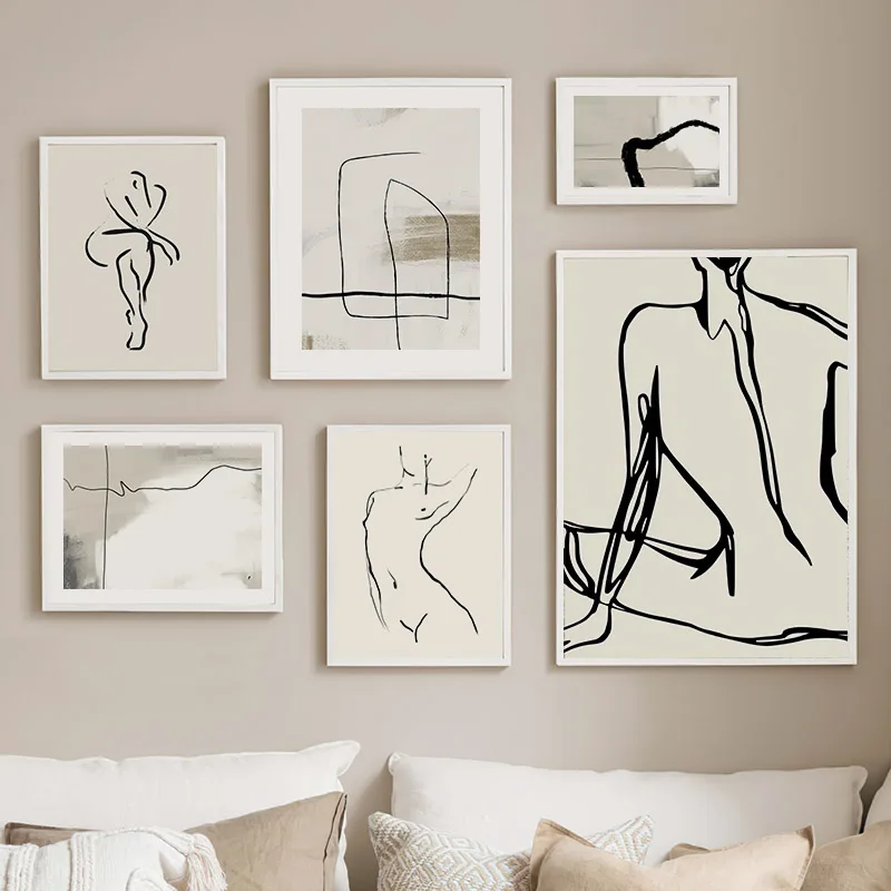 Beige Abstract Line Nude Body Woman Posters And Prints Canvas Painting Minimalism Wall Art Living Room Home Decor Aesthetics