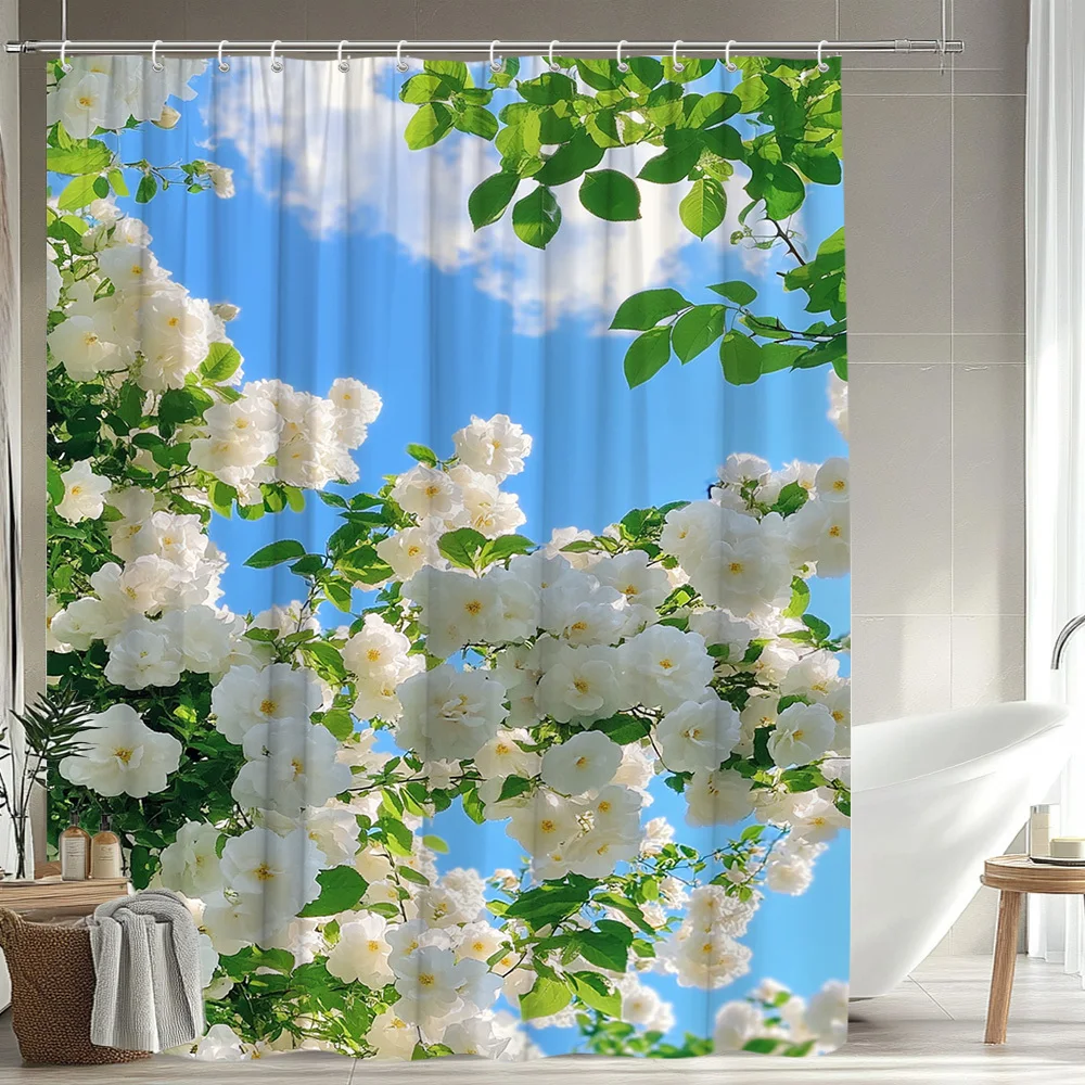 

1pc Floral Pattern Shower Curtain White Roses with Blue Sky Background Natural Scenery Shower Curtain Bathroom Decoration Polyes