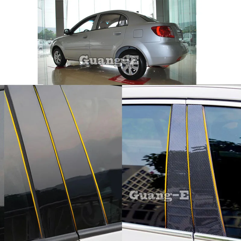 Car PC Material Pillar Post Cover Door Trim Window Piano Black Molding Sticker Plate 6pcs For Kia Rio 2007-2010+