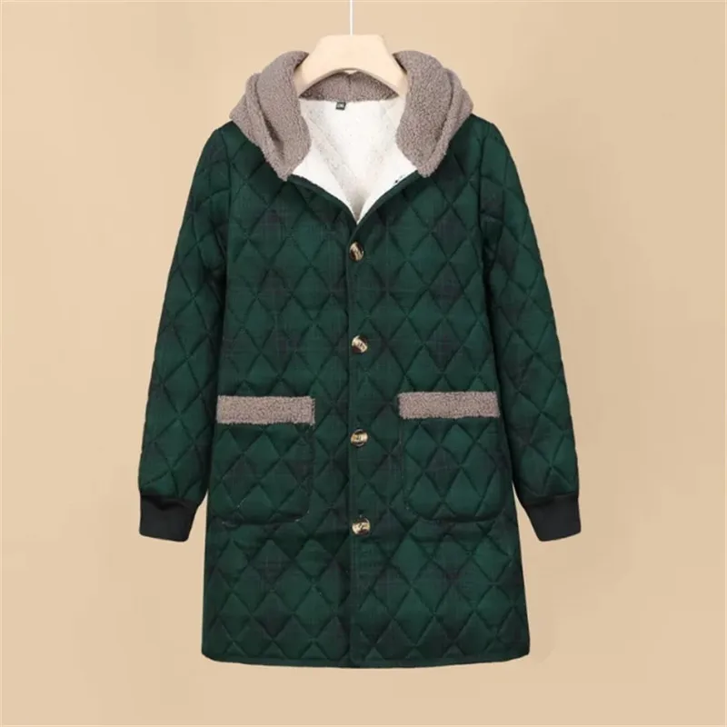 Winter Mid-Long Cotton Jacket Women 2023 New Loose Hooded Plaid Coat Single-Breasted Outerwear Fashion Pocket Overcoat Female