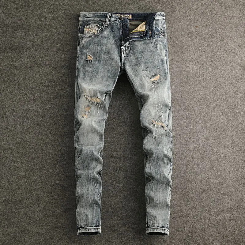 

Street Fashion Men Jeans Retro Washed Blue Slim Fit Embroidery Patched Ripped Jeans Men Vintage Designer Denim Pants Hombre