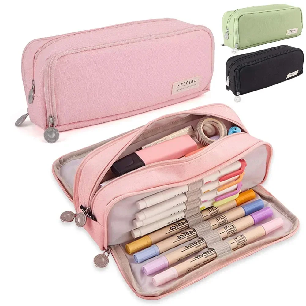 Large Capacity Pencil Case 3 Compartment Pouch Pen Storage Bag Double Side Opening Student Stationery Organizer School Supplies