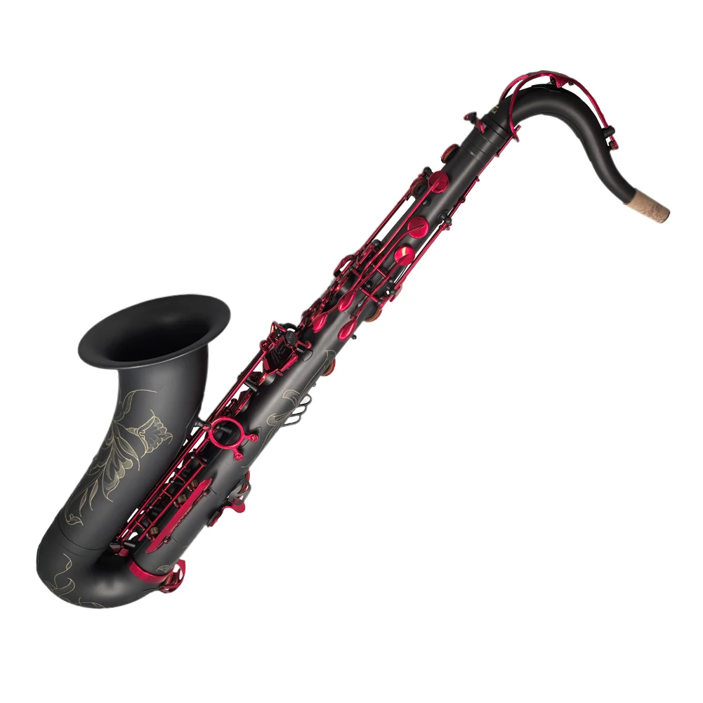 الموسيقى الشرقية The Imperium Professional Matte Black Tenor Saxophone مع مفاتيح مطلية باللون الأحمر - مفتاح Bb - High F #   – الوسادات الإيطالية –
