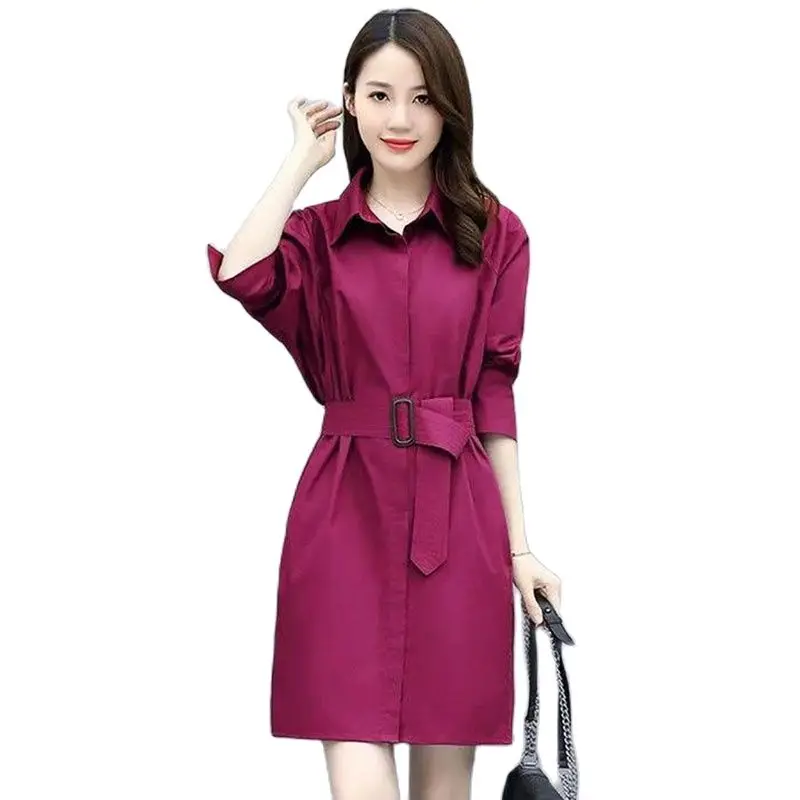 Spring Summer Mid-Long Dress Women 2023 New Loose Turndown Collar Dresses Pure Colour Fashion Waistband Shirt Skirt Female