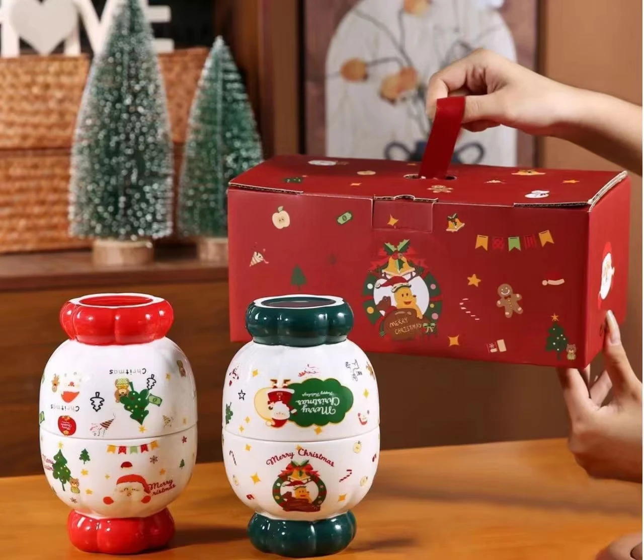 400ML  Christmas Double-layer Ceramic Decoration Candy Bowl Cartoon Santa Claus Storage Jar Decoration Ornament Holiday Gift Box view 2