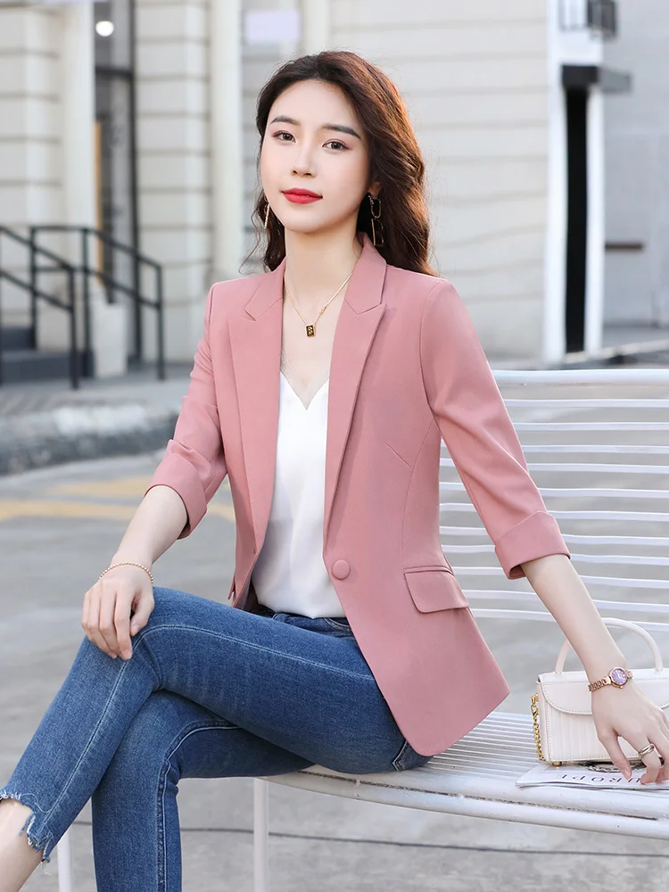 

Pink Casual Women's Jaet Small Design Spring Summer New Sle Faionable Commute Wind Pure Color Five Sve Blouse