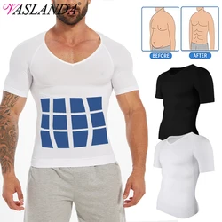 Men Body Shaper V-Neck Compression Shirts Undershirt Slimming Short Sleeved Top Workout Abs Abdomen Tummy Control Shapewear Tops