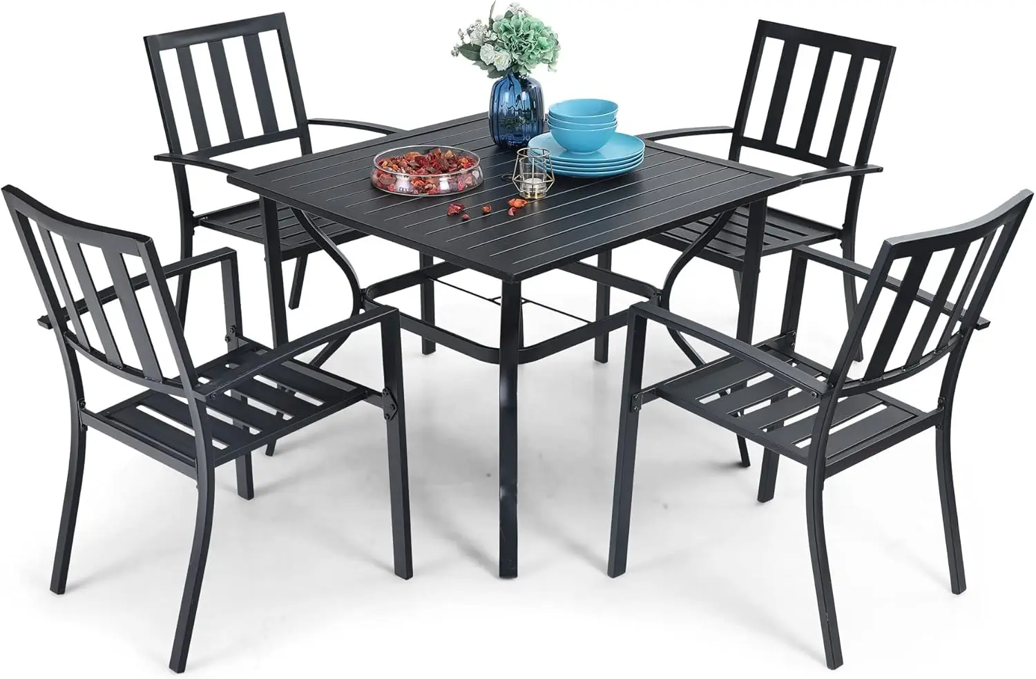 5 Piece Outdoor Dining Table Set for 4 37” Square Metal Dining Table with Umbrella Hole Stackable Steel Chairs for Patio Deck Ya