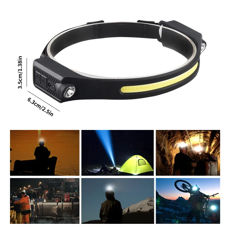 Type-C Fast Charging Lightweight Foldable LED Headlamp - 5-Level Dimming XPE*2+COB Bright Light + Gesture Sensor Front Light