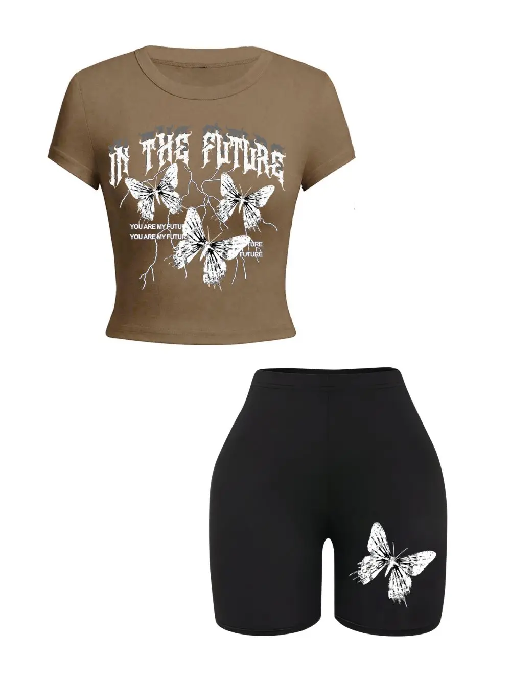 Casual Womans Crop Tops & Shorts Two Pieces Set In The Future Dark Black Butterfly Print T-Shirts Soft Slim High Elastic Clothes