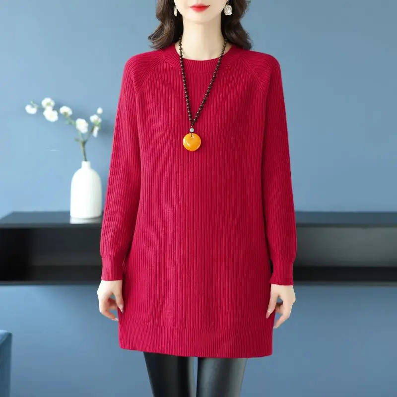 Female O-Neck Long Knitted Sweater Autumn Winter Korean Loose Pullover Dresses Women Large Size Knitwear Solid Basic Sweater 6XL
