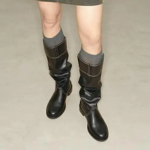 

British Style Black Brown Solid Leather Round Toe Double Buttons Patchwork Flat Knee High Boots Women Leisure Tube Slip On Boots