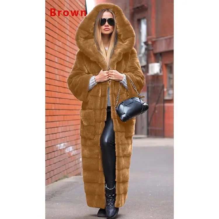 Faux Fur Women Long Coats Thick Warm Coat Hooded Full Sleeve Casual Maxi Elegant Splice Thick Warm Mom Autumn Winter 2024