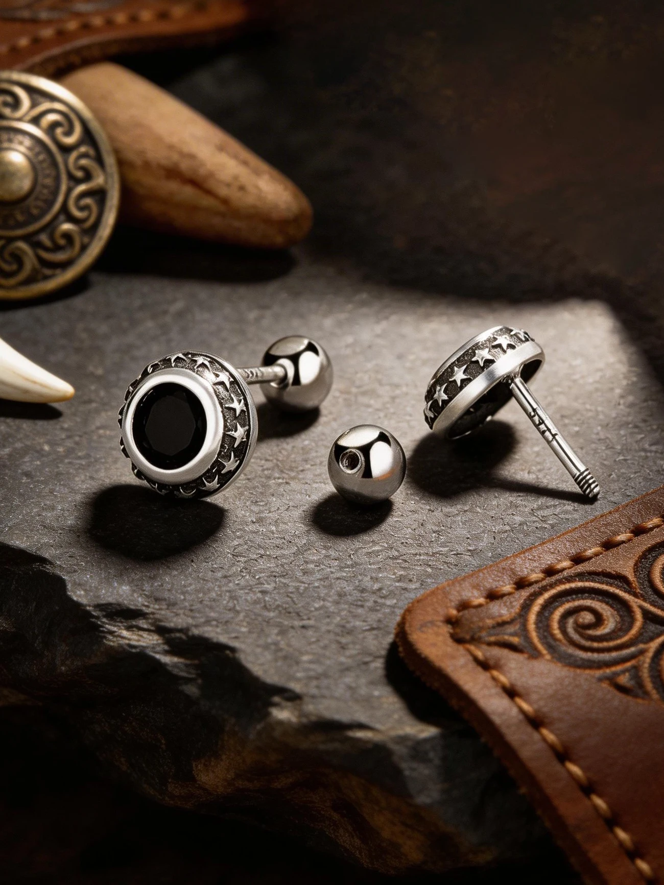 Vintage round Threaded Silver Earrings for Women 925 Pure Silver Green Turquoise Black Zirconia Ear Studs Simple Earring Jewelry