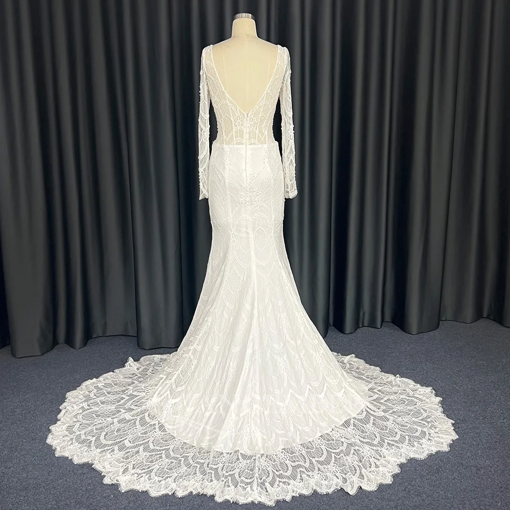 Vestido de novia bohemio de encaje con cuello en V para playa, vestidos de novia de manga larga, cola de corte de sirena, Formal personalizado
