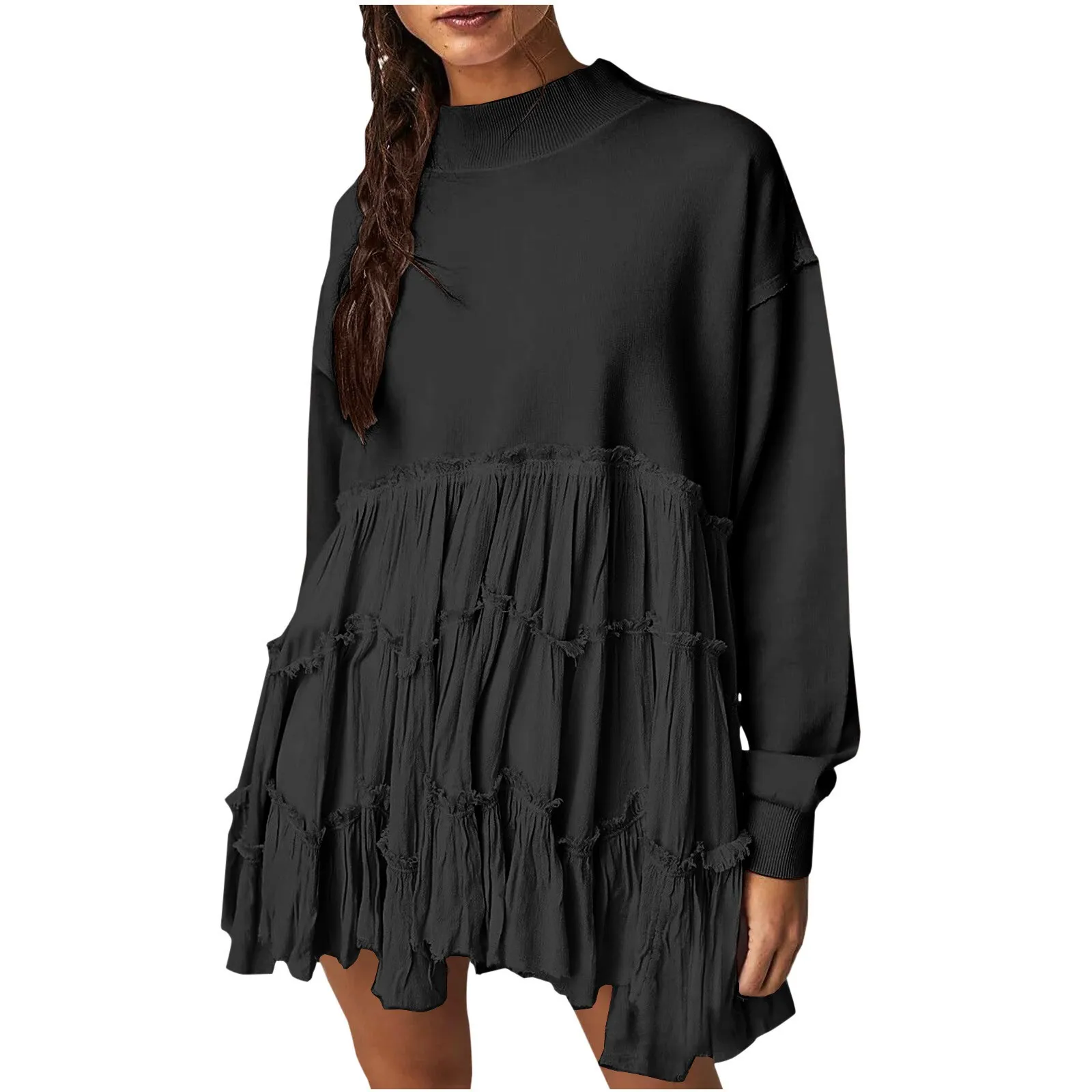 Women Oversized Pullover Sweatshirt Dress Long Sleeve Mock Neck Solid Ruffle Loose Sweatshirts Ladies Autumn Loose Sweatshirts