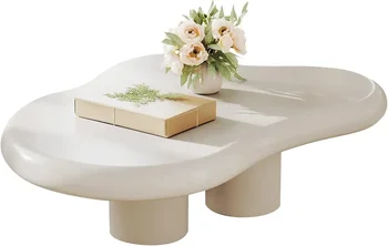 Image Cloud Coffee Table, Modern White Coffee Table for Living Room, Cute Irregular Indoor Tea Table with 3 Legs, Easy Assembly