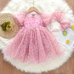 2026 New Girls' Summer Dress 2-8Y Sweet Girls Floral Puff Short Sleeve Princess Dress Kid's Clothes Children's Mesh Dress