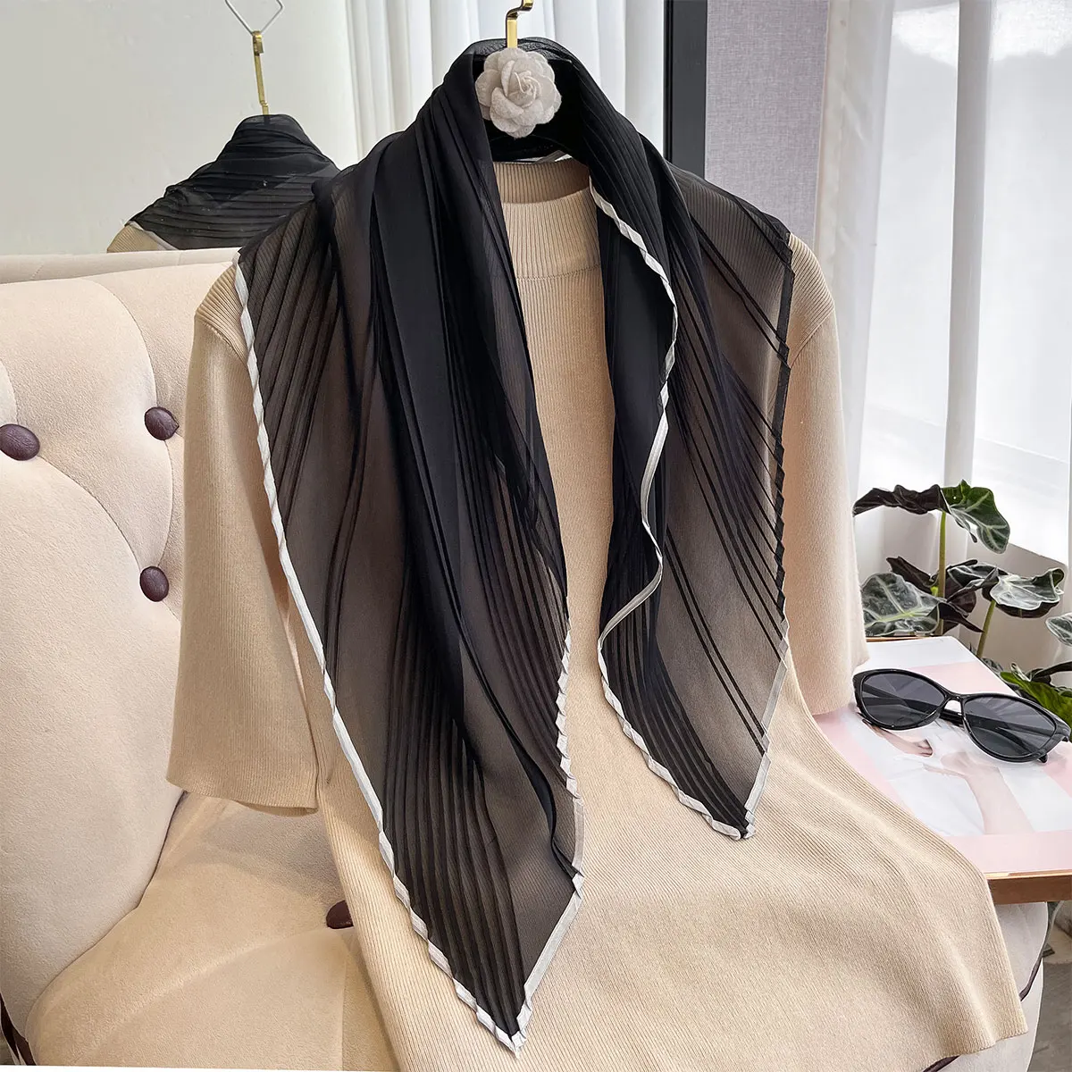 Women Pleated Satin Solid Scarf Headscarf Neckerchief Square Shawl Hair Tie Band HandKerchief Satin Foulard Scarves Decorative image 4