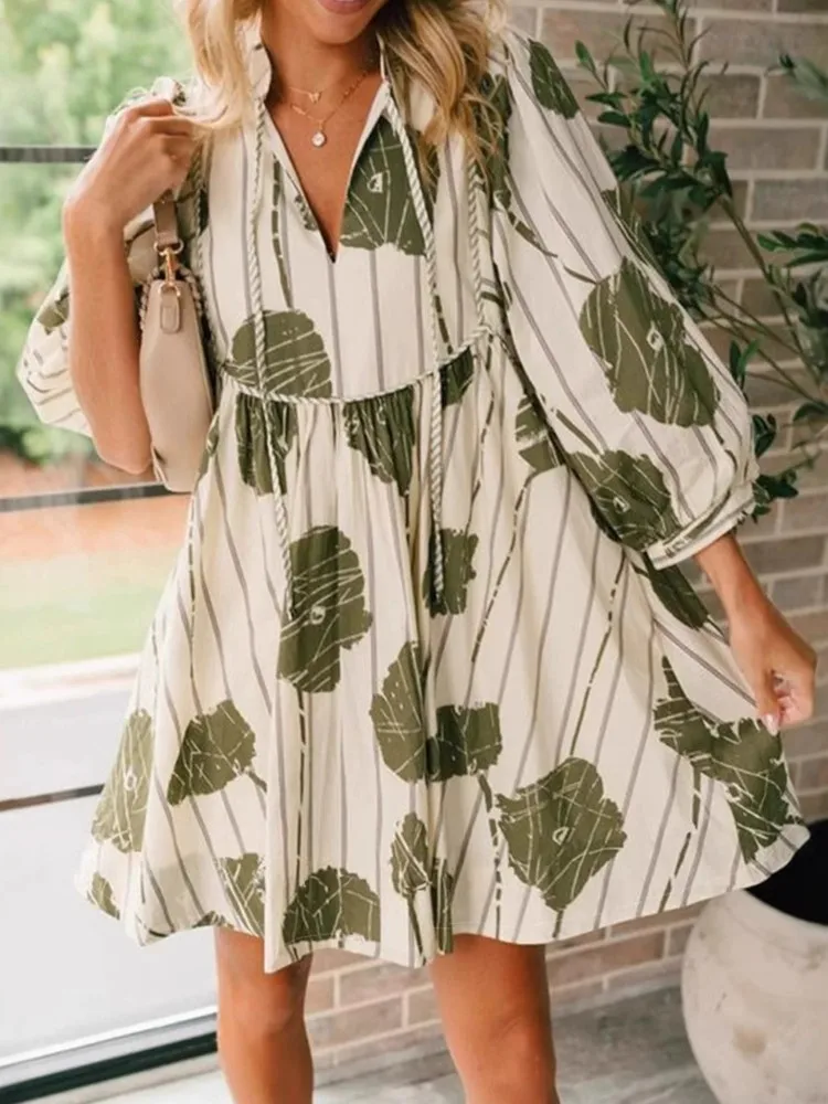 Lady Fashion Floral Print Dress Casual V Neck Lace-Up Three Quarter Loose Mini Dresses For Women Boho Holiday Womens Clothing