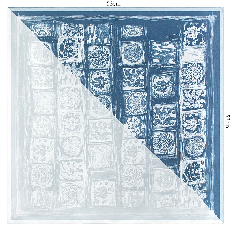 

100% Mulberry Silk Scarf 53x53cm Blue Porcelain Floral Print Square Neck Scarf Bandana for Women Elegant Neckerchief
