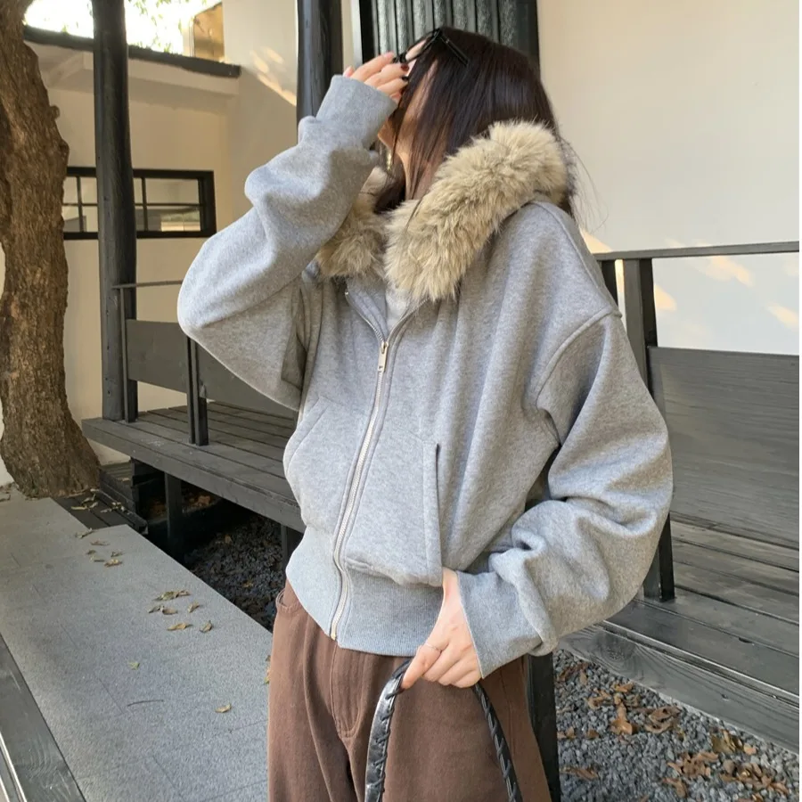 Sweat à capuche coréen Sle pour femmes, Long col en fourrure, décontracté, Chic, automne hiver, nouvelle collection, effet amincissant, sensation haut de gamme, ort...