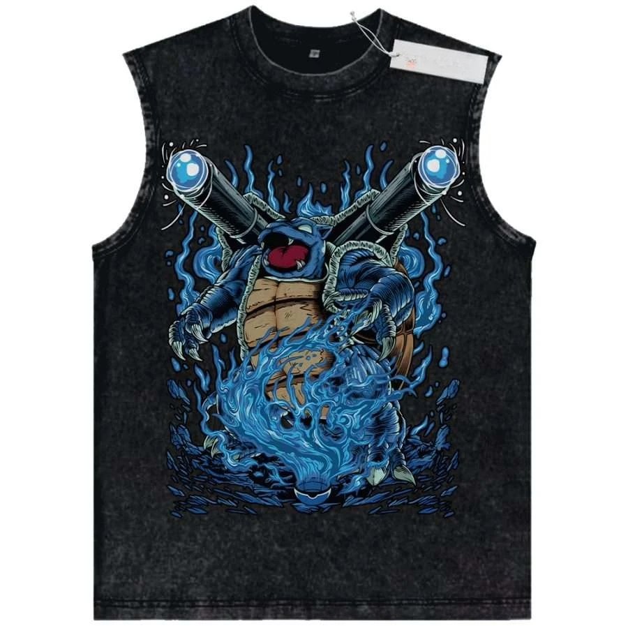 

Unisex Pure Cotton Washed Sleeveless Tank Top Pokemon Blastoise with Blue Flames Design for Fitness Workout and Casual
