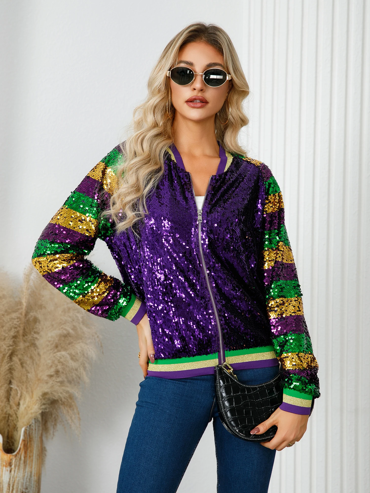 Colorful Sequin Decor Zip-up Jacket, Stylish Long Sleeve Jacket For Party & Club,Mardi Gas, Women's Clothing