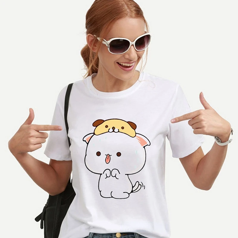 Kawaii Women Clothing Peach and Goma Mochi Cat Cartoon Print Tshirt Femme Korean Style Clothes Harajuku Shirt Tops Short Sleeve