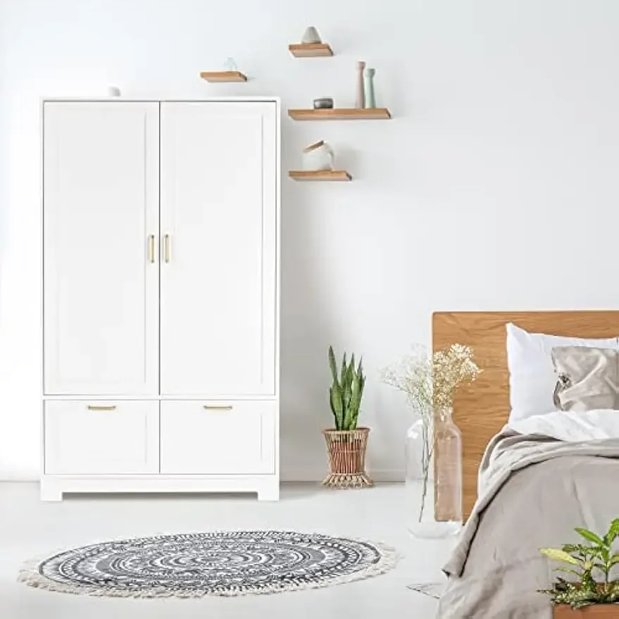 Wide White Armoire Wardrobe Closet with Adjustable Shelves and Drawers, 60" Freestanding Closet Wardrobe Cabinet, Armoire