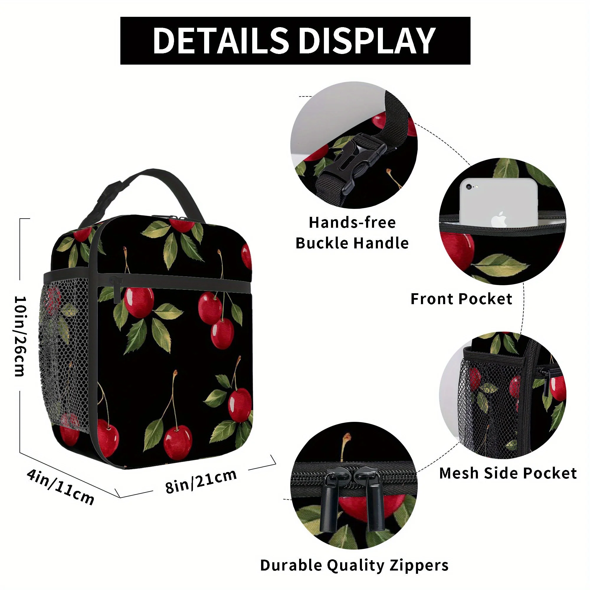 1pc, Cherries Spread Across a Dark Backdrop. A Printed Thermal Bag That Is Insulated, Not for Food Contact, Ideal for Home, Rest