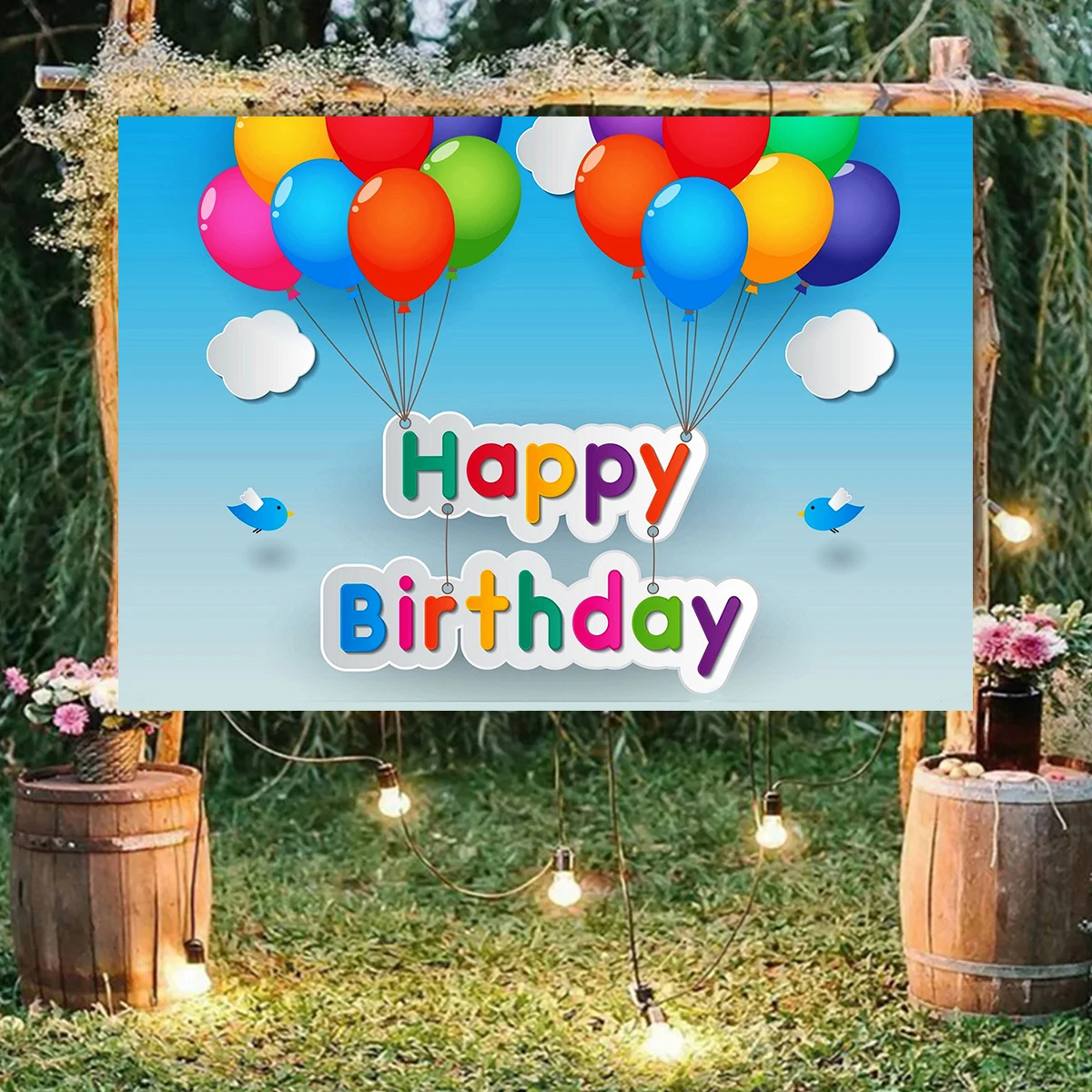 Colorful Balloon Cartoon Birds Happy Birthday  Photography Children Backdrop  Background Banner Kids Party Decoration Poster