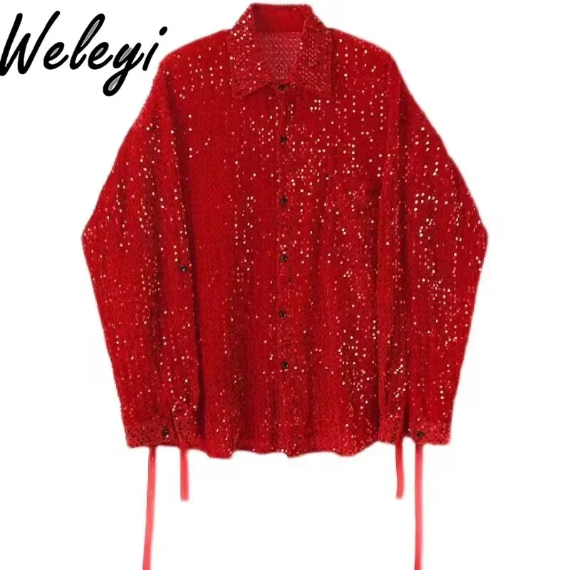 

Shinny Dance Sequins Red Shirt for Women and Men Singers Autumn New Costumes Bingbing Performance Blouse Trendy Clothes Femme