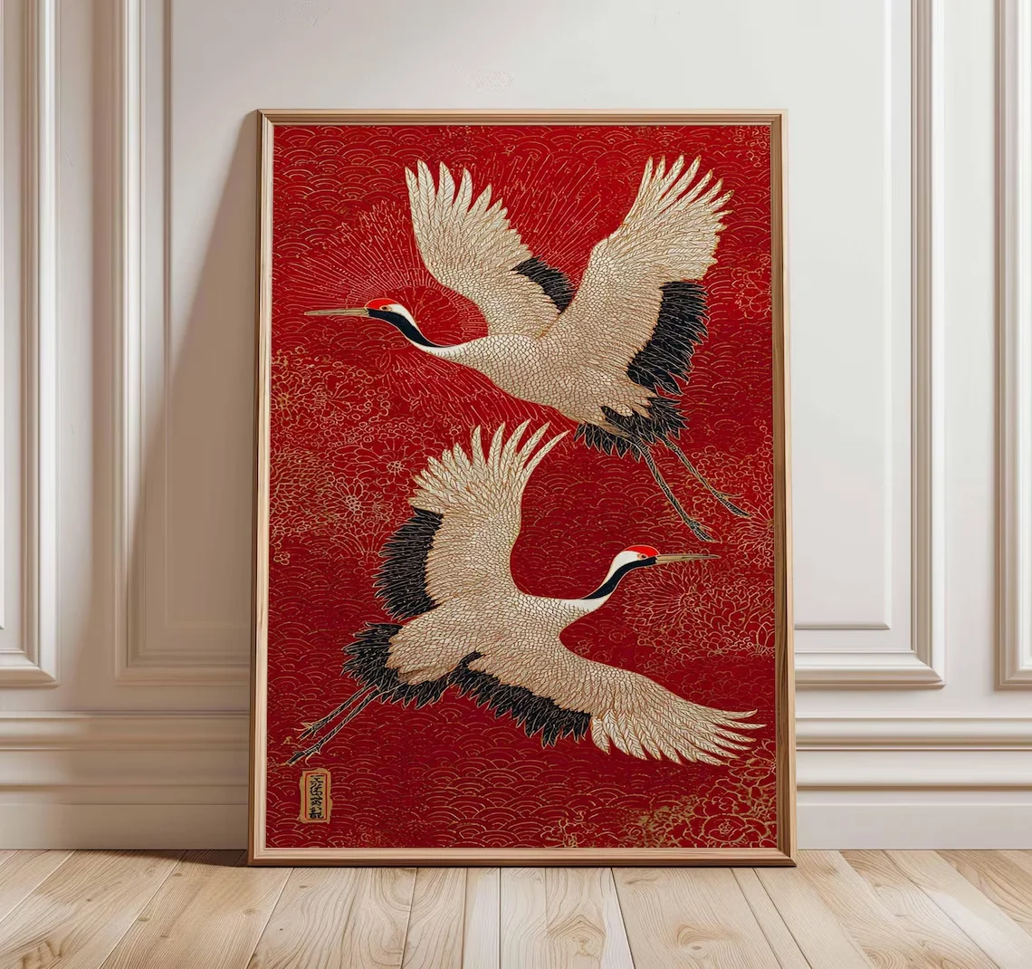 Japanese Crane Wall Art – Red and Gold Oriental Bird Print, Traditional Asian Poster, Elegant Unframed Home Decor
