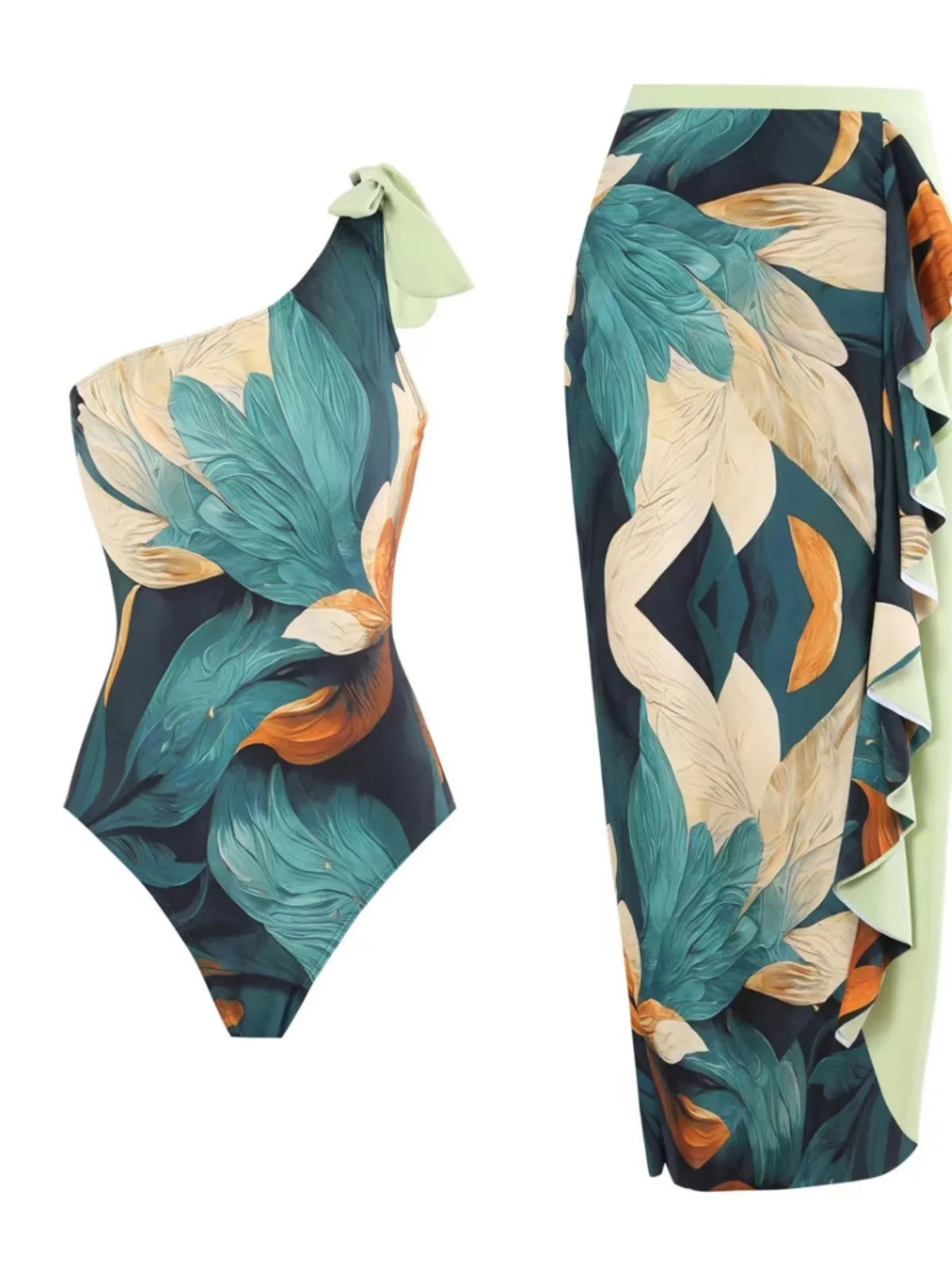 

Консервативный слитный купальник с цветочным принтом для женщин, корректирующий фигуру, сексуальный пляжный термокостюм, скрывающий живот, пляжная юбка на одно плечо