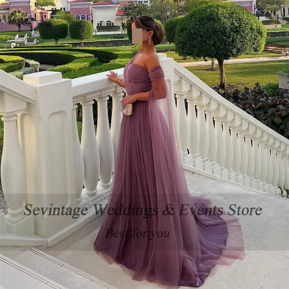 Sevintage personalizado elegante vestido de baile de tule lavanda um ombro franzido até o chão vestido de baile simples