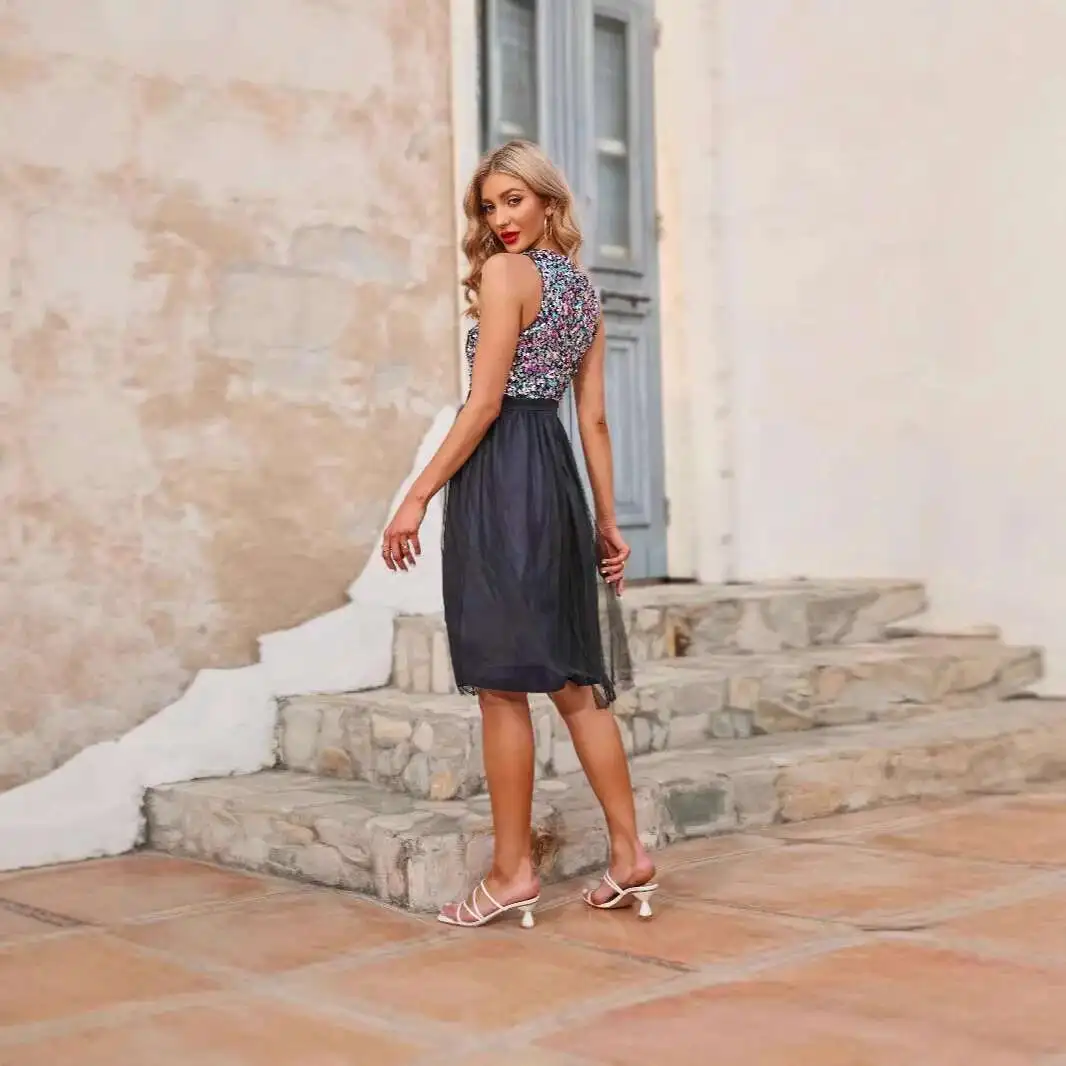 

Elegant Sequined Lace Sleeveless Short Skirt for Summer New Women's Clothing Sleeveless Summer Dress Robe Vestido Women Party