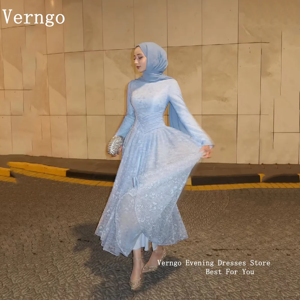 Verngo Luxuriöses himmelblaues Spitzen-Abendkleid mit O-Ausschnitt und langen Ärmeln, Ballkleider, bescheidenes muslimisches Partykleid für Damen, maßgeschneidert
