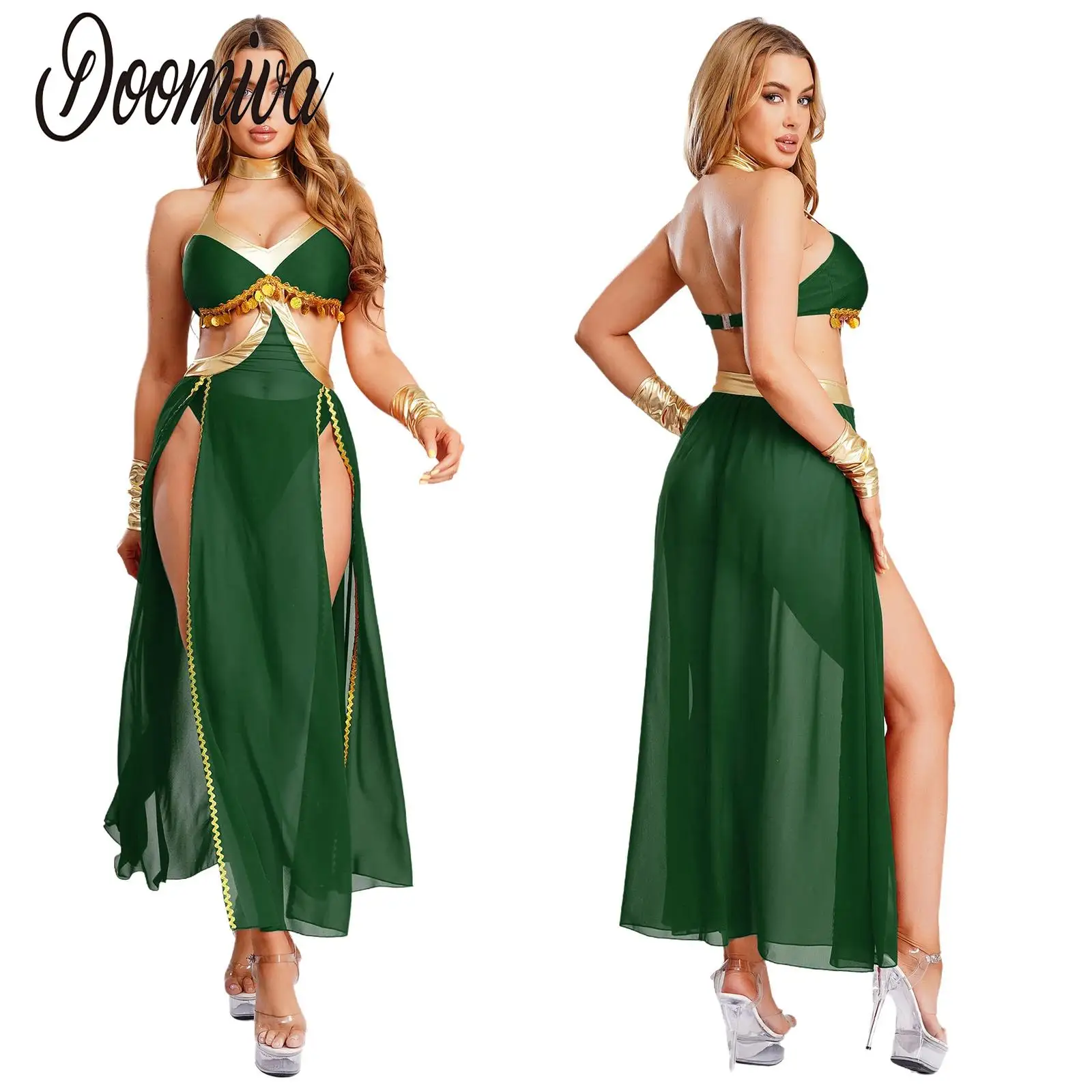 

Women Oriental Indian Dance Belly Bellywood Costume Outfits Sequin Slit Halter Dress with Briefs Belly Arabian Princess Dress