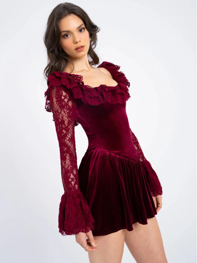 JULISSA MO Patchwork Flare Sleeve Lace Women Mini Dress Sexy See Through High Waist Dress Female Winter New Elegant Party Outfit