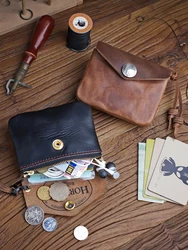 HORWEEN US Chromexcel Leather Coin Purse Handmade Genuine Leather Card Holder Wallet With Double Coin Pocket Zipper Money Bag