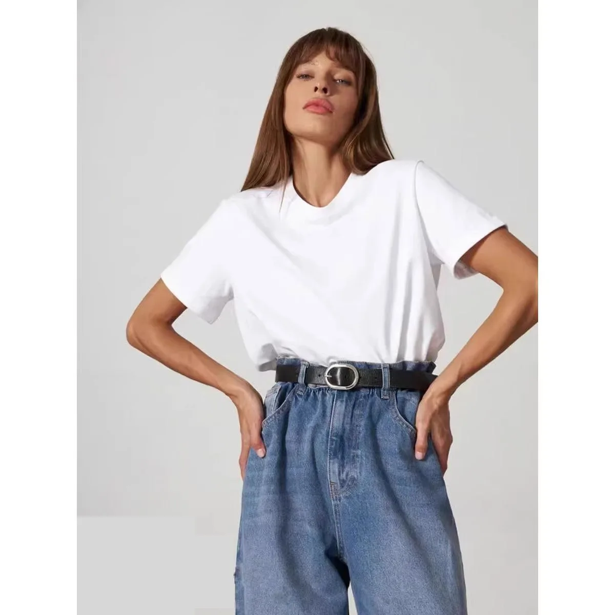

Summer 100% Cotton Women's T-shirt Bottoming Basic Fashionable Solid Lady Short Sleeve Loose Tops Shirts 230g/㎡ Tops